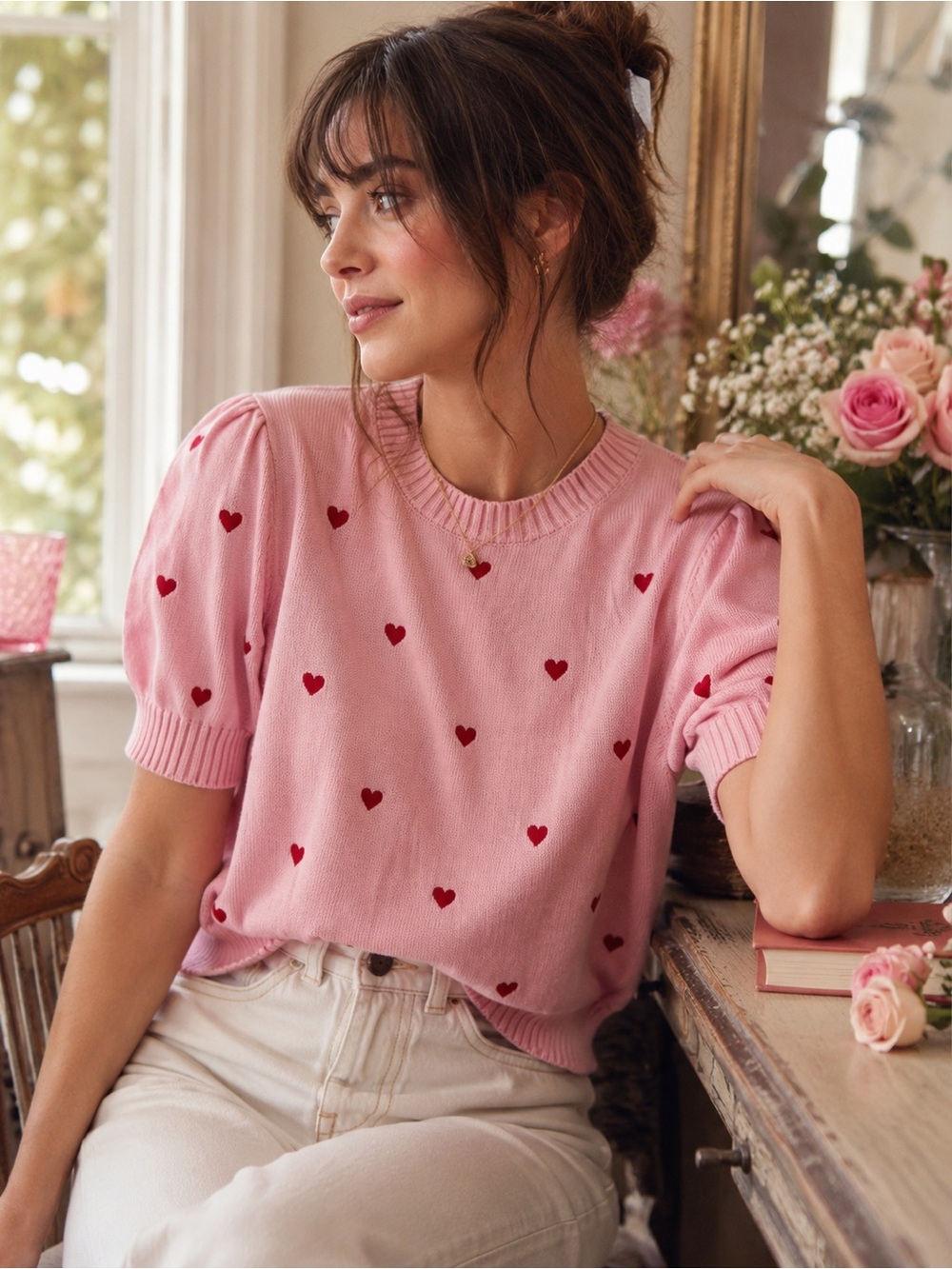 Pink Heart Puff Sleeve Cotton Sweater 2X Coquette Romantic Hearts Knit Top - Picture 1 of 10
